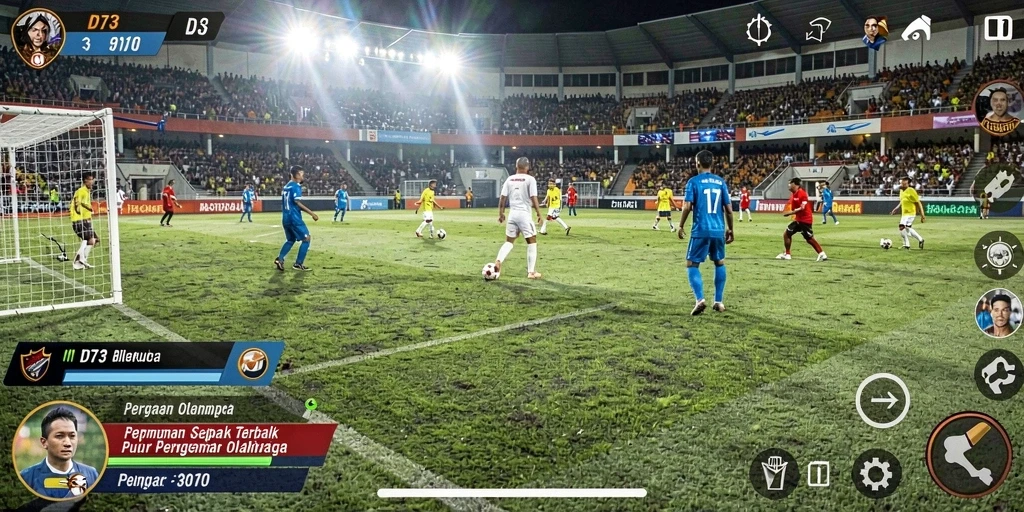 Tangkapan layar D73 menampilkan aksi seru di lapangan sepak bola.
