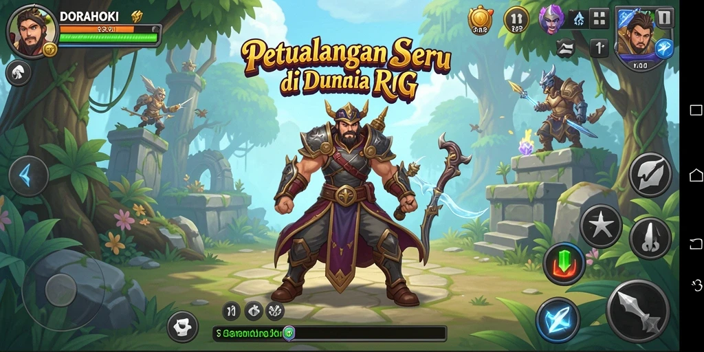 Screenshot gameplay DORAHOKI menunjukkan pertempuran seru dan karakter yang menawan.