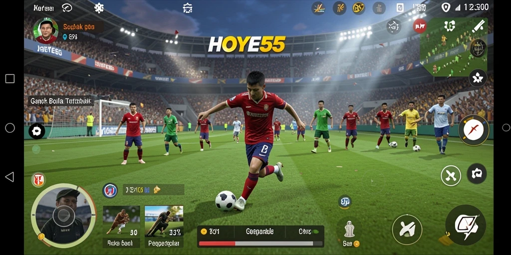 Gameplay HOYE55 yang menegangkan dengan aksi sepak bola yang seru.