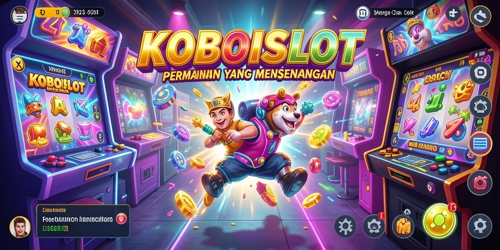 Tangkapan layar gameplay <strong>KOBOISLOT</strong> dengan suasana arcade yang penuh warna.