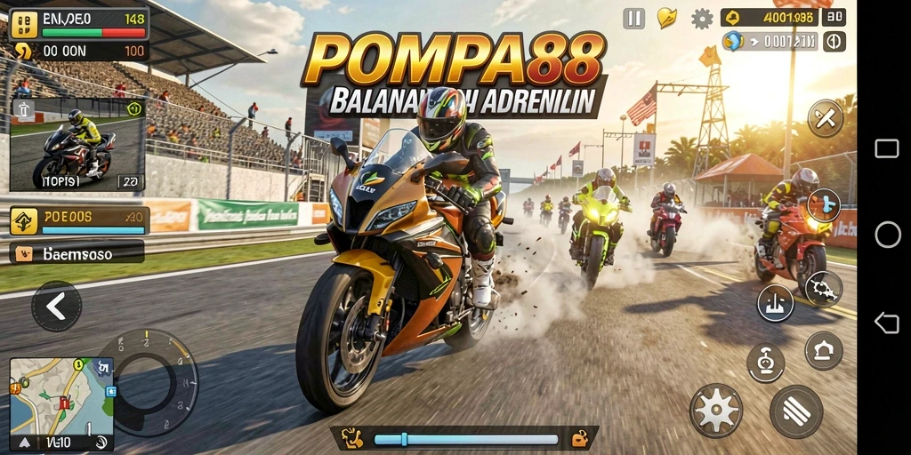 Screenshot gameplay POMPA88 menunjukkan balapan motor yang seru.