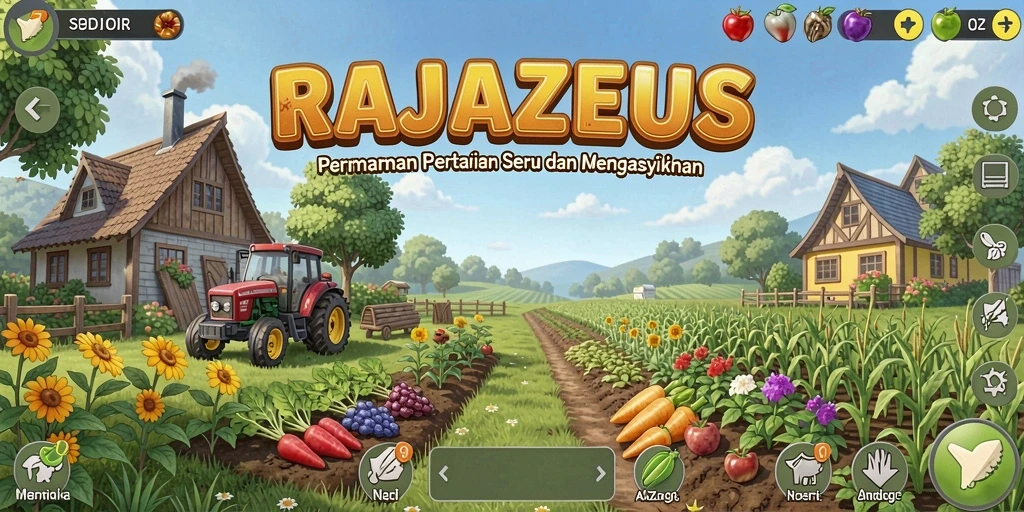 Screenshot gameplay RAJAZEUS yang menampilkan aktivitas bertani yang seru.
