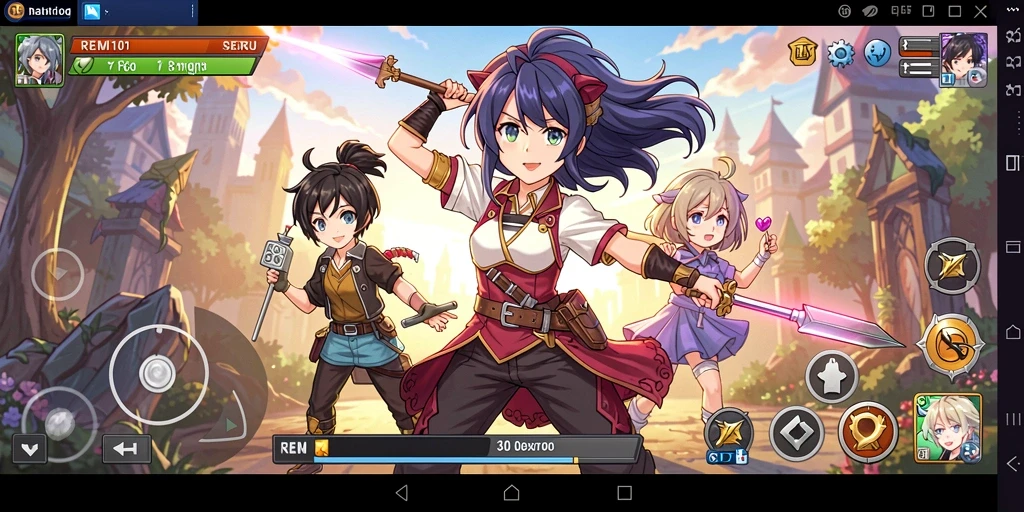 Gameplay REMI101 yang menampilkan karakter anime yang beraksi.