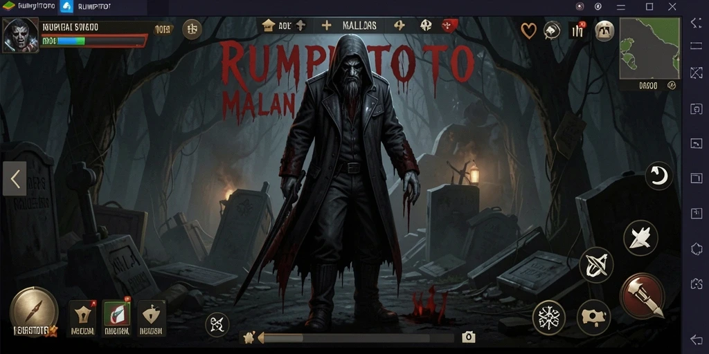 Tampilan gameplay menakutkan di RUMPITOTO dengan suasana gelap dan menyeramkan.