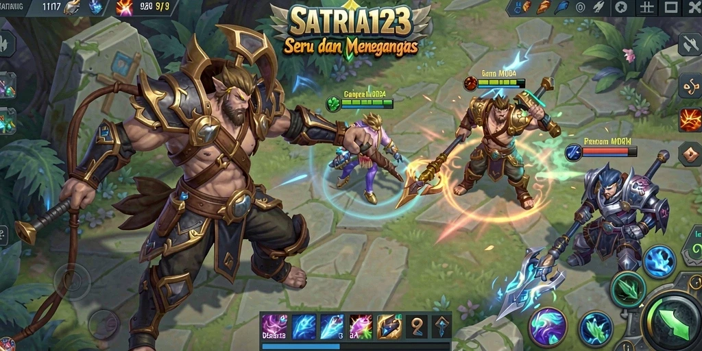 Screenshot SATRIA123 menampilkan aksi permainan MOBA yang seru.