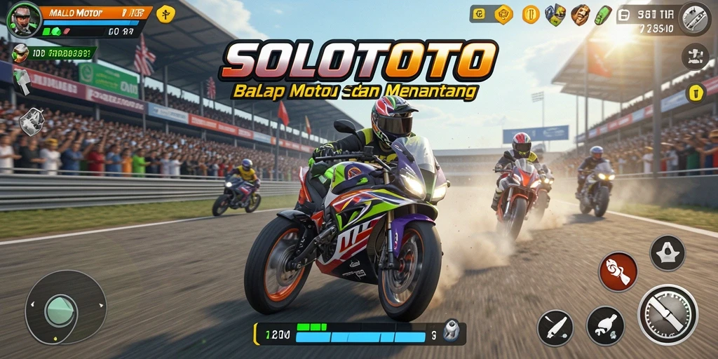 Screenshot dari gameplay <strong>SOLOTOTO</strong> yang menampilkan balapan motor yang seru.